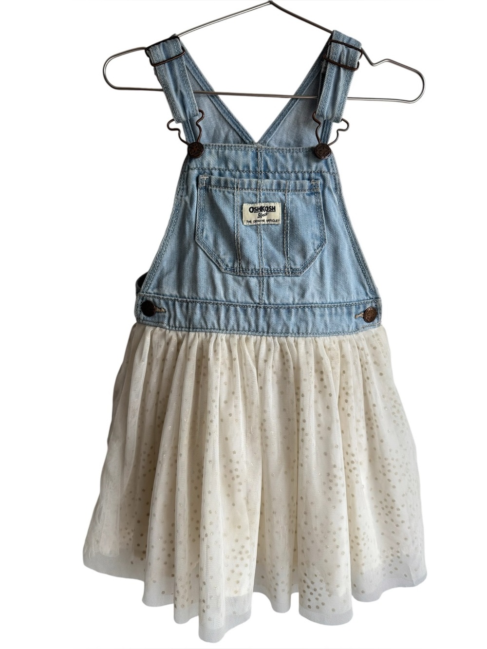 Oshkosh Sparkly Tulle Overalls Dress Girls 5T Blue Gold Skirt Glitter Polka Dots